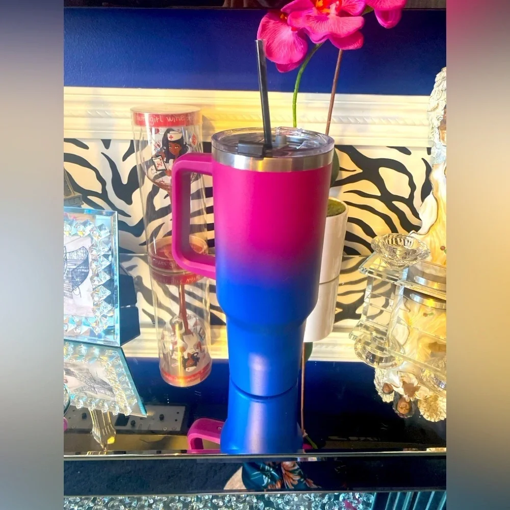 40oz Tumbler: Cold/Hot Pink/Blue w/Lid, Handle, & Straw, NWOT